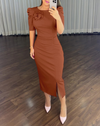 Elegant Party Dresses Women 2024 Summer Casual V-Neck short Sleeve Cinched Waist Rose Decoration Slit Satin French Long Dress