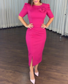 Elegant Party Dresses Women 2024 Summer Casual V-Neck short Sleeve Cinched Waist Rose Decoration Slit Satin French Long Dress