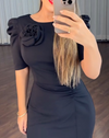 Elegant Party Dresses Women 2024 Summer Casual V-Neck short Sleeve Cinched Waist Rose Decoration Slit Satin French Long Dress