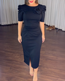Elegant Party Dresses Women 2024 Summer Casual V-Neck short Sleeve Cinched Waist Rose Decoration Slit Satin French Long Dress
