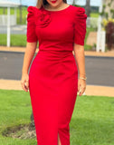 Elegant Party Dresses Women 2024 Summer Casual V-Neck short Sleeve Cinched Waist Rose Decoration Slit Satin French Long Dress