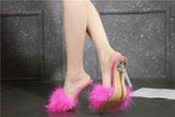 Summer New Sexy Feather Woman Sandals Transparent Perspex High Heels Fur Stiletto Peep Toe Mules Lady Slides Shoes Rose