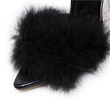 Summer New Sexy Feather Woman Sandals Transparent Perspex High Heels Fur Stiletto Peep Toe Mules Lady Slides Shoes Rose