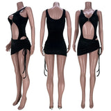 Sexy Two Piece Set Swimwear Women Dress Sets 2021 Bodysuit Top Drawstring Ruched Mini Skirt Set Beach Holiday Party Club Outfits
