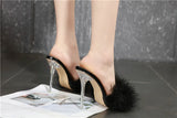 Summer New Sexy Feather Woman Sandals Transparent Perspex High Heels Fur Stiletto Peep Toe Mules Lady Slides Shoes Rose