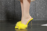 Summer New Sexy Feather Woman Sandals Transparent Perspex High Heels Fur Stiletto Peep Toe Mules Lady Slides Shoes Rose