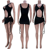 Sexy Two Piece Set Swimwear Women Dress Sets 2021 Bodysuit Top Drawstring Ruched Mini Skirt Set Beach Holiday Party Club Outfits