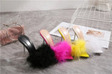 Summer New Sexy Feather Woman Sandals Transparent Perspex High Heels Fur Stiletto Peep Toe Mules Lady Slides Shoes Rose