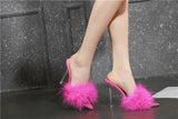 Summer New Sexy Feather Woman Sandals Transparent Perspex High Heels Fur Stiletto Peep Toe Mules Lady Slides Shoes Rose