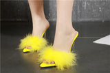 Summer New Sexy Feather Woman Sandals Transparent Perspex High Heels Fur Stiletto Peep Toe Mules Lady Slides Shoes Rose