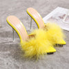Summer New Sexy Feather Woman Sandals Transparent Perspex High Heels Fur Stiletto Peep Toe Mules Lady Slides Shoes Rose