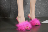 Summer New Sexy Feather Woman Sandals Transparent Perspex High Heels Fur Stiletto Peep Toe Mules Lady Slides Shoes Rose