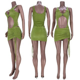 Sexy Two Piece Set Swimwear Women Dress Sets 2021 Bodysuit Top Drawstring Ruched Mini Skirt Set Beach Holiday Party Club Outfits