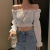 Women Top Sexy Blouse Off Shoulder Top Long Sleeve Solid Color White Shirt Puff Sleeve Ruffle Tunic Crop Top Summer Tube Top