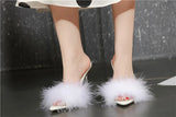 Summer New Sexy Feather Woman Sandals Transparent Perspex High Heels Fur Stiletto Peep Toe Mules Lady Slides Shoes Rose