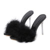 Summer New Sexy Feather Woman Sandals Transparent Perspex High Heels Fur Stiletto Peep Toe Mules Lady Slides Shoes Rose