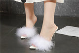 Summer New Sexy Feather Woman Sandals Transparent Perspex High Heels Fur Stiletto Peep Toe Mules Lady Slides Shoes Rose