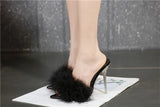 Summer New Sexy Feather Woman Sandals Transparent Perspex High Heels Fur Stiletto Peep Toe Mules Lady Slides Shoes Rose