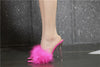 Summer New Sexy Feather Woman Sandals Transparent Perspex High Heels Fur Stiletto Peep Toe Mules Lady Slides Shoes Rose