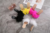 Summer New Sexy Feather Woman Sandals Transparent Perspex High Heels Fur Stiletto Peep Toe Mules Lady Slides Shoes Rose