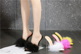 Summer New Sexy Feather Woman Sandals Transparent Perspex High Heels Fur Stiletto Peep Toe Mules Lady Slides Shoes Rose