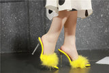 Summer New Sexy Feather Woman Sandals Transparent Perspex High Heels Fur Stiletto Peep Toe Mules Lady Slides Shoes Rose