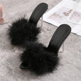 Summer New Sexy Feather Woman Sandals Transparent Perspex High Heels Fur Stiletto Peep Toe Mules Lady Slides Shoes Rose