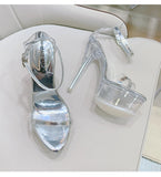 Crystal Sandals Women 2023 Summer New High-heeled Women's Shoes Sexy Model Show Stiletto Pole Dancer Slippers Black Silver White