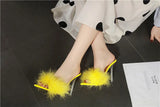 Summer New Sexy Feather Woman Sandals Transparent Perspex High Heels Fur Stiletto Peep Toe Mules Lady Slides Shoes Rose