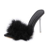 Summer New Sexy Feather Woman Sandals Transparent Perspex High Heels Fur Stiletto Peep Toe Mules Lady Slides Shoes Rose