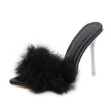 Summer New Sexy Feather Woman Sandals Transparent Perspex High Heels Fur Stiletto Peep Toe Mules Lady Slides Shoes Rose