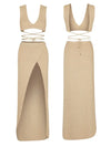 2025 Sexy Two-piece Set V-neck Lace-up Slim Slit Backless Tunic Summer Beach Dress Women Bikini Cover-ups Knit Maxi Dress A2344