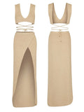 2025 Sexy Two-piece Set V-neck Lace-up Slim Slit Backless Tunic Summer Beach Dress Women Bikini Cover-ups Knit Maxi Dress A2344
