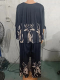 Plus size Two Piece Sets Women Outfit Summer Fashion Plants Print Split Sleeve O-Neck Top Straight Leg Pants Set Streetwear