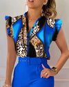 Womens Elegant Slim Two-Piece Sets Summer Fashion Print V Neck Button Flying Sleeve Shirt Top & Solid Long Pants Suits With Belt