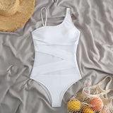 Plus Size Swimsuits Women One Shoulder Slim Swimwear For Women Mesh Solid Black Red Blue Push Up Padded Bathing Suits M-3xl 4xl
