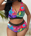 Plus Size Swimsuit Leaves Printed High Waist Two Pieces Bikini Set Swimsuit Female Women Beachwear Swimwear Bather Bathing Suit