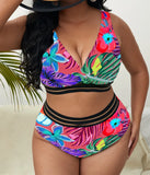 Plus Size Swimsuit Leaves Printed High Waist Two Pieces Bikini Set Swimsuit Female Women Beachwear Swimwear Bather Bathing Suit
