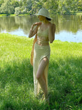 2025 Sexy Two-piece Set V-neck Lace-up Slim Slit Backless Tunic Summer Beach Dress Women Bikini Cover-ups Knit Maxi Dress A2344