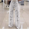 Plus Size Women's Stretch Denim Jeans With Cut-Out Lace Splicing Summer New High Waist Wide Pants Elegant Female Chic Trousers