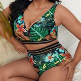 Plus Size Swimsuit Leaves Printed High Waist Two Pieces Bikini Set Swimsuit Female Women Beachwear Swimwear Bather Bathing Suit
