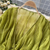 Women Blouse Sexy Deep V Neck Tops Full Puff Sleeve Tight Waist Top Shirts Slim Fit Blouses Elegant Splice Pleated Shirt