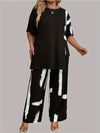Plus Size Women's XL-5XL Plus Size Brush Print EleganceRound Neck  Short Sleeve Split Top & Matching Pants 2 Piece Outfit Set