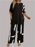 Plus Size Women's XL-5XL Plus Size Brush Print EleganceRound Neck  Short Sleeve Split Top & Matching Pants 2 Piece Outfit Set