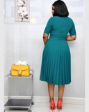 New Plus size women's Summer Style Elegant Ladies  fashion short sleeve pleated high waist Dresses ladies  dress for women