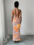 Women's Clothing Dress New Summer Sexy Backless Print Leopard V-Neck Dresses Streetwear Fashion Halter Lace-up Dresses Clothing