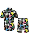 Men 3D Printed Graffiti Pattern Summer Neutral Fashion Casual Rave Party Style Shirt+Short 2 Piece Oversized Hawaiian Shirt Set