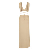 2025 Sexy Two-piece Set V-neck Lace-up Slim Slit Backless Tunic Summer Beach Dress Women Bikini Cover-ups Knit Maxi Dress A2344