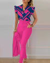 Womens Elegant Slim Two-Piece Sets Summer Fashion Print V Neck Button Flying Sleeve Shirt Top & Solid Long Pants Suits With Belt