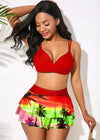 Sexy Ruffled Swimsuit Women Push Up Hollow Out Cross Bikini Set Women Maple Print Beach Bathing Suit Skirt Swimwear Plus Size